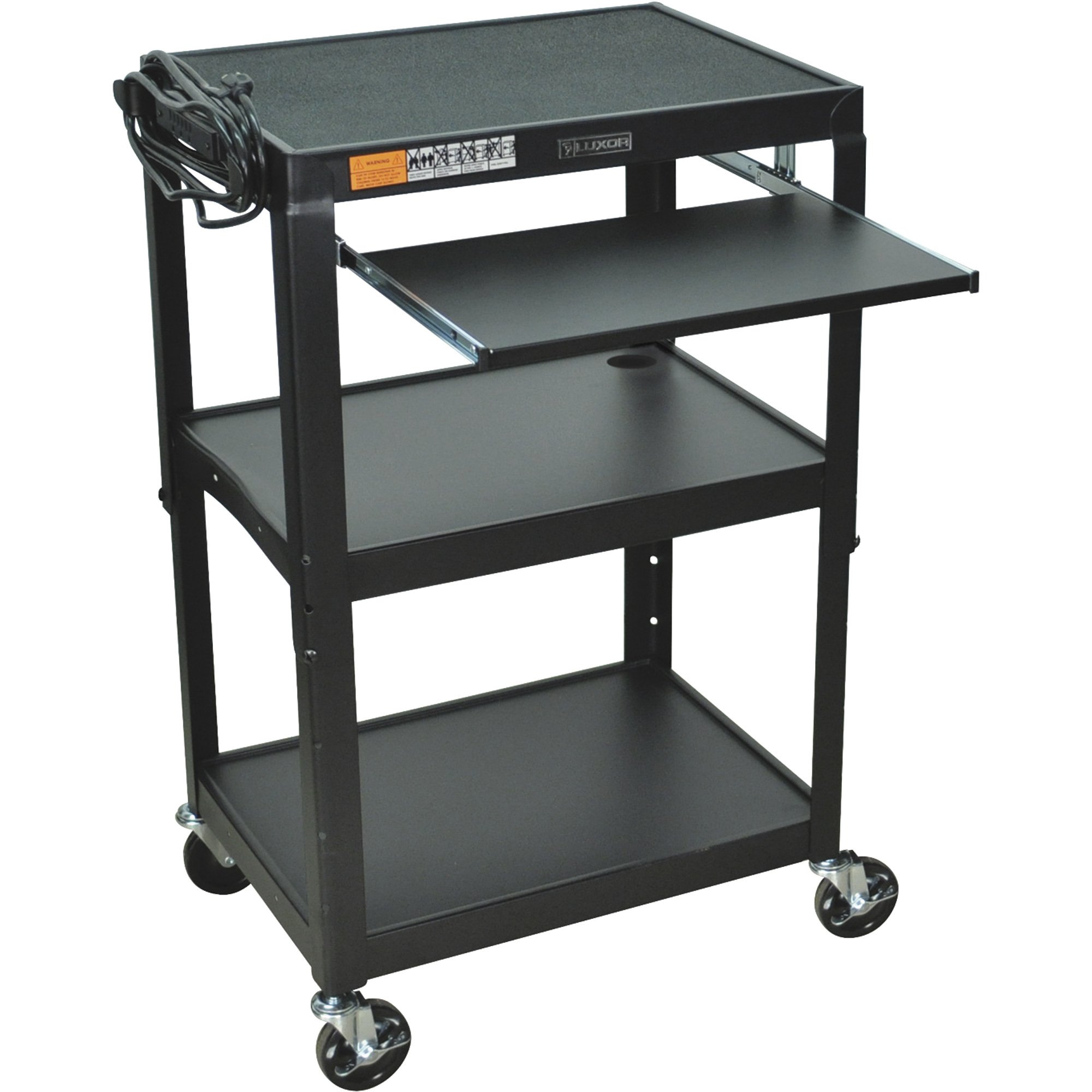 Luxor Adjustable Height Steel Cart with Pullout Keyboard Tray — 400-Lb. Capacity, Black, Model# AVJ42KB